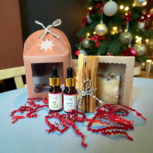 Ev Şeklinde Yeni Yıl Hediye Seti - 2 adet Yılbaşı Etiketli Uçucu Yağ + 2 Adet Palo Santo + El Yapımı Sabun