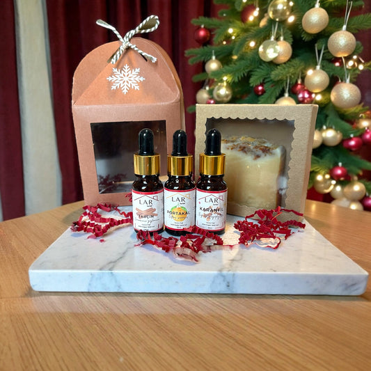 Ev Şeklinde Yeni Yıl Hediye Seti - Portakal, Tarçın, Karanfil Uçucu Yağları ve El Yapımı Sabun
