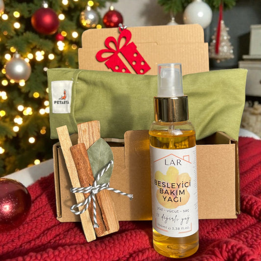 Yeni Yıl Hediye Seti - Besleyici Kuru Yağ + Göz Minderi + 2 Adet Palo Santo